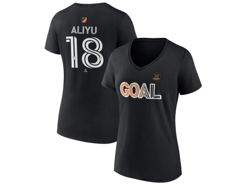 Women's Houston Dynamo FC Goal #18 Ibrahim Aliyu V-Neck T-Shirt - Black