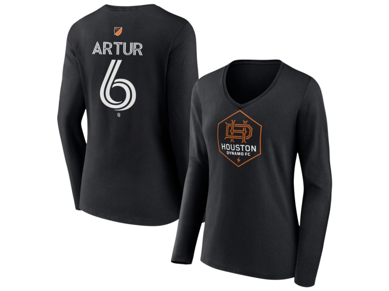 Women's Houston Dynamo FC Authentic Stack #6 Artur De Lima Long Sleeve V-Neck T-Shirt - Black
