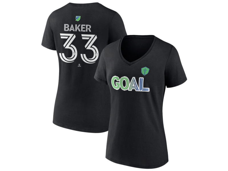 Women's Seattle Sounders FC Goal #33 Cody Baker V-Neck T-Shirt - Black