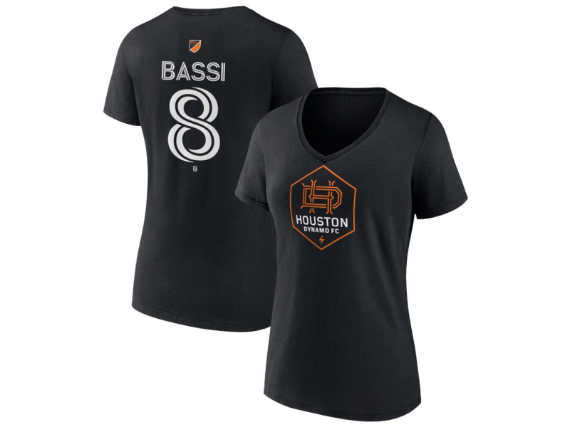Women's Houston Dynamo FC Authentic Stack #8 Amine Bassi V-Neck T-Shirt - Black