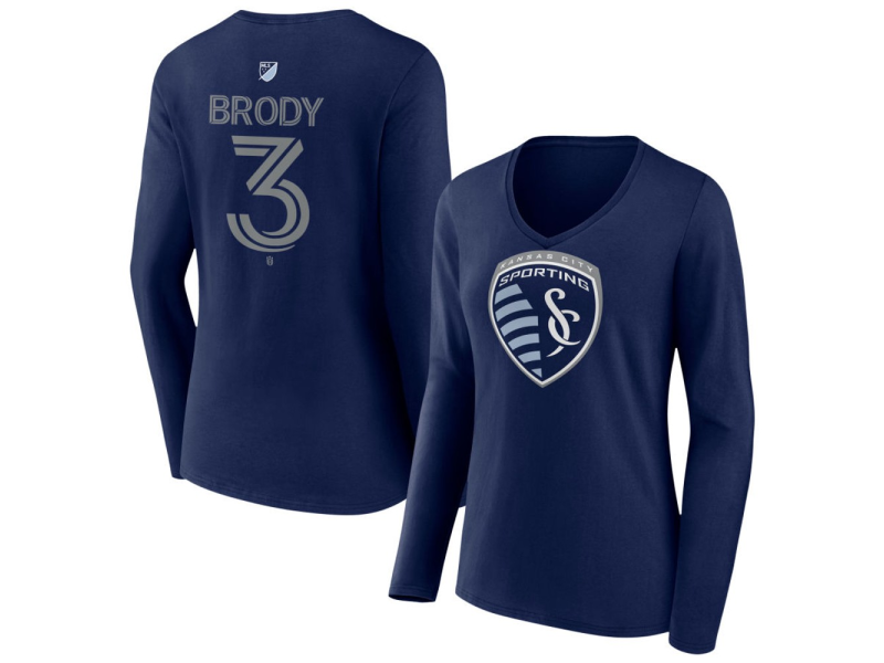 Women's Sporting Kansas City #3 Andrew Brody Team Authentic Long Sleeve V-Neck T-Shirt - Navy