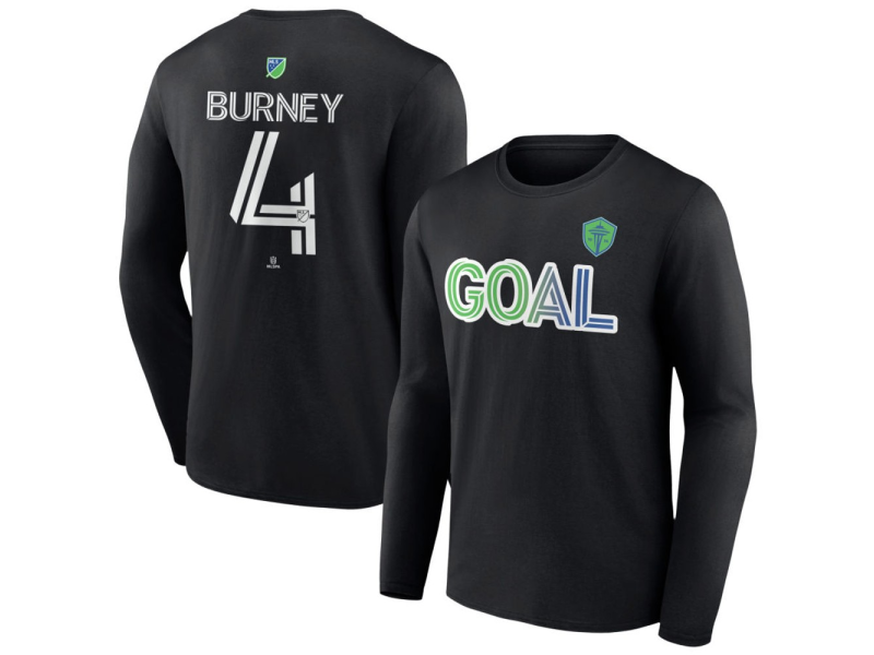 Men's Seattle Sounders FC Goal #4 Leo Burney Long Sleeve T-Shirt - Black