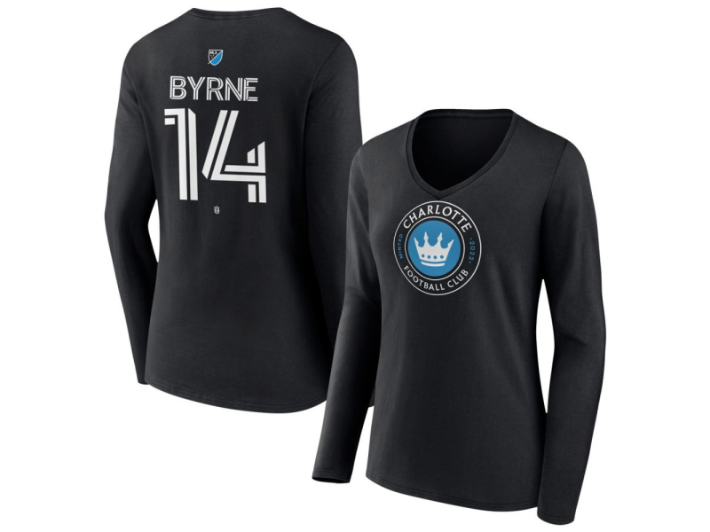 Women's Charlotte FC #14 Nathan Byrne Team Authentic Long Sleeve V-Neck T-Shirt - Black