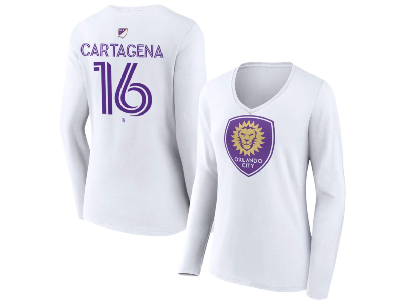 Women's Orlando City SC Authentic Stack #16 Wilder Cartagena Long Sleeve V-Neck T-Shirt - White