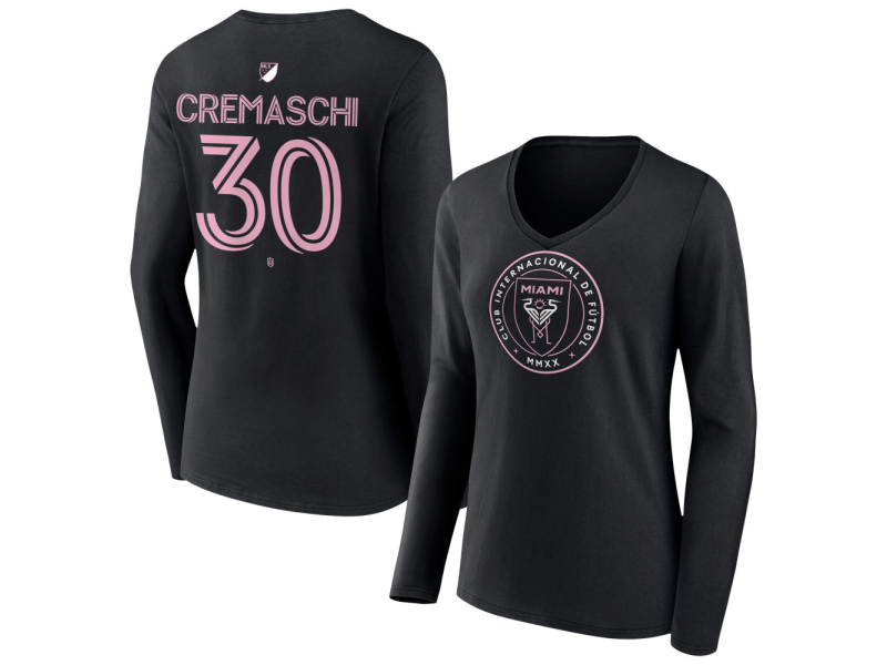 Women's Inter Miami CF Authentic Stack #30 Benjamin Cremaschi Long Sleeve V-Neck T-Shirt - Black