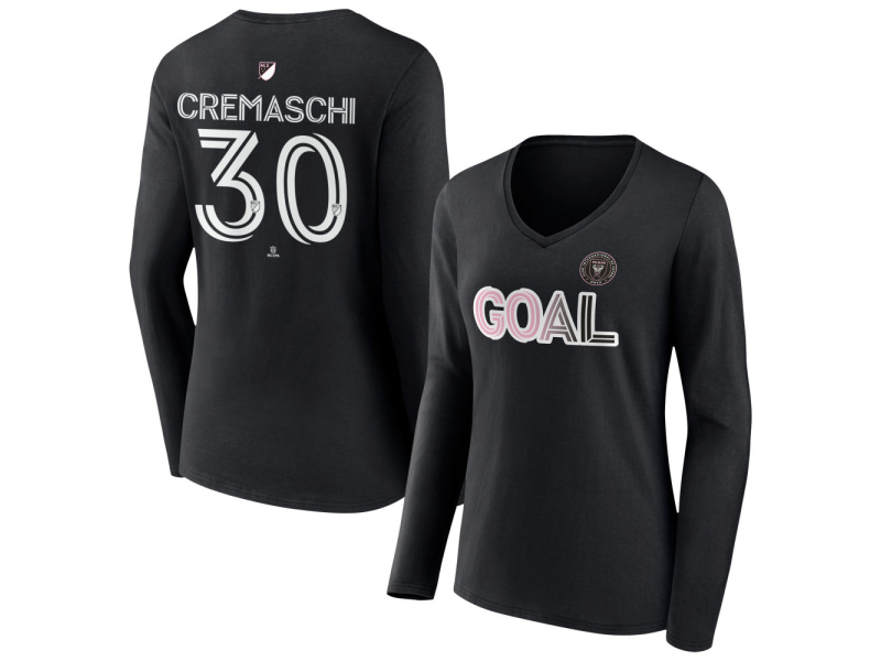 Women's Inter Miami CF Goal #30 Benjamin Cremaschi V-Neck Long Sleeve T-Shirt - Black