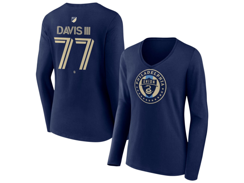 Women's Philadelphia Union #77 Eddy Davis III Team Authentic Long Sleeve V-Neck T-Shirt - Navy