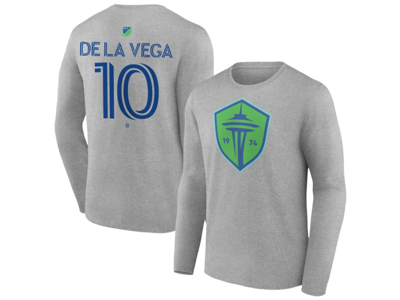 Youth Seattle Sounders FC Authentic Stack #10 Pedro De La Vega Long Sleeve T-Shirt - Gray