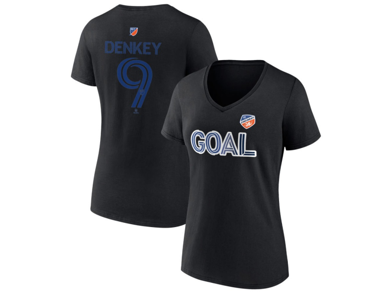 Women's FC Cincinnati Goal #9 Kevin Denkey V-Neck T-Shirt - Black