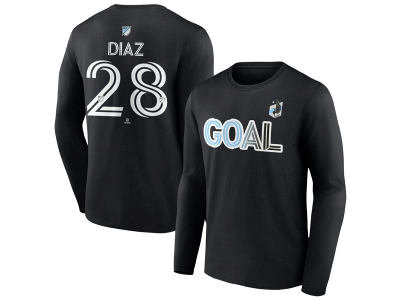 Men's Minnesota United FC Goal #28 Jefferson Diaz Long Sleeve T-Shirt - Black