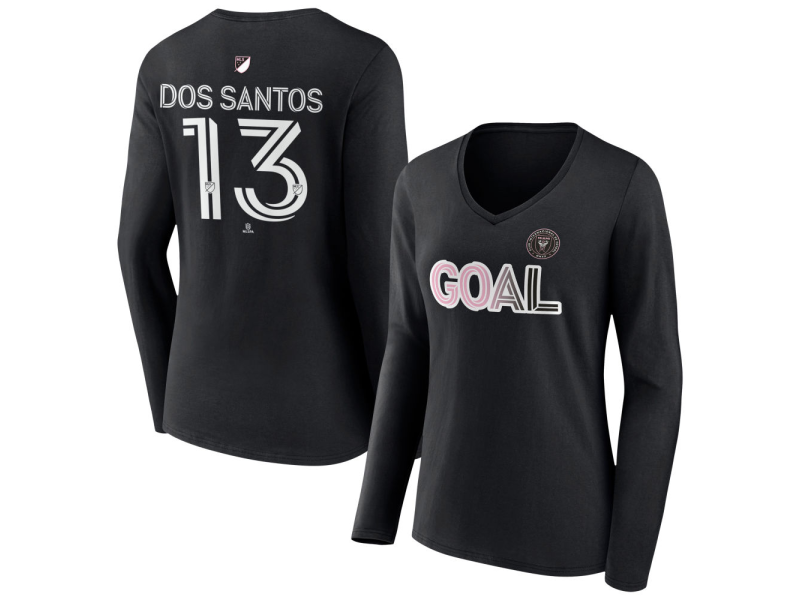 Women's Inter Miami CF Goal #13 CJ Dos Santos V-Neck Long Sleeve T-Shirt - Black