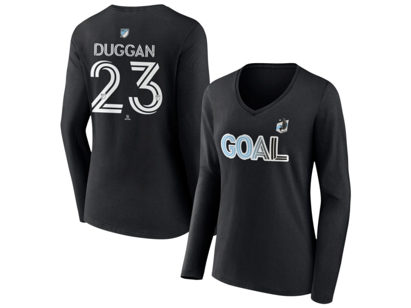 Women's Minnesota United FC Goal #23 Morris Duggan V-Neck Long Sleeve T-Shirt - Black