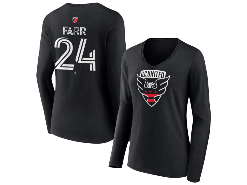 Women's D.C. United #24 Jordan Farr Team Authentic Long Sleeve V-Neck T-Shirt - Black