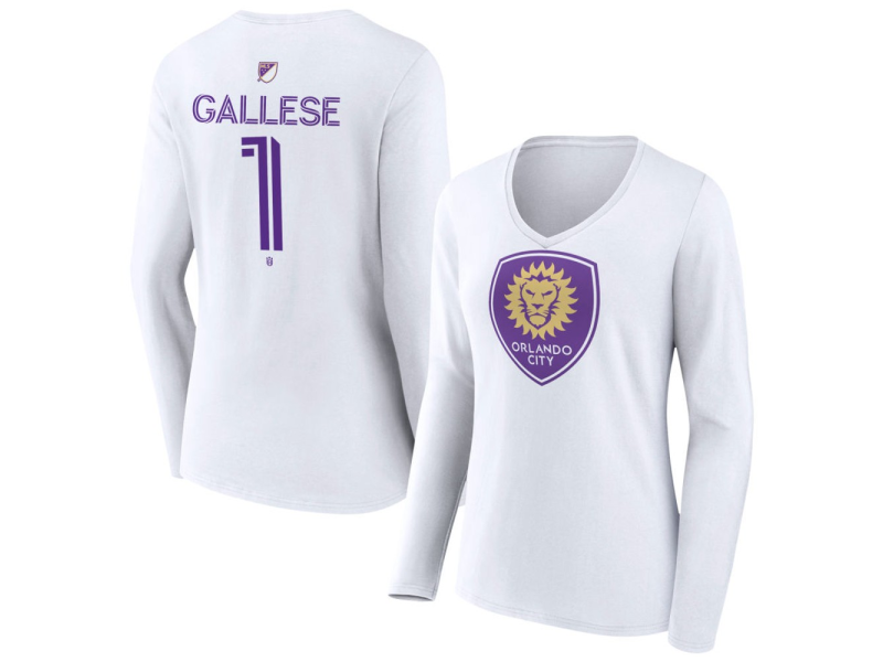 Women's Orlando City SC Authentic Stack #1 Pedro Gallese Long Sleeve V-Neck T-Shirt - White