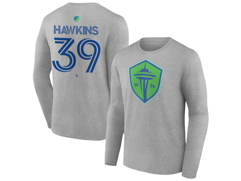 Men's Seattle Sounders FC Authentic Stack #39 Stuart Hawkins Long Sleeve T-Shirt - Gray