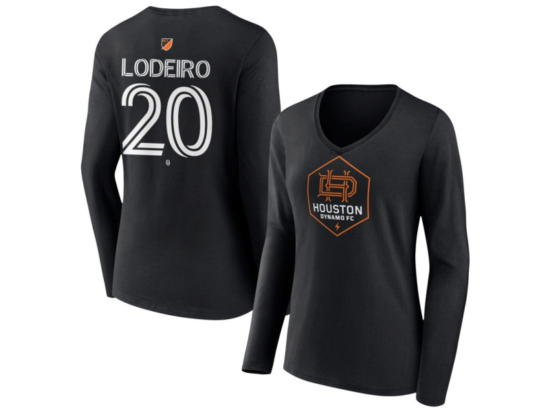 Women's Houston Dynamo FC Authentic Stack #20 Nico Lodeiro Long Sleeve V-Neck T-Shirt - Black