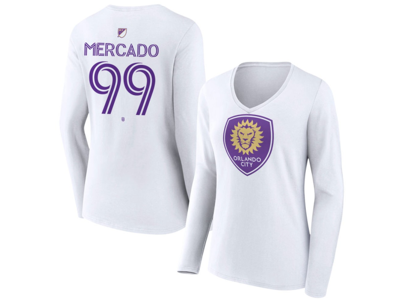 Women's Orlando City SC Authentic Stack #99 Carlos Mercado Long Sleeve V-Neck T-Shirt - White