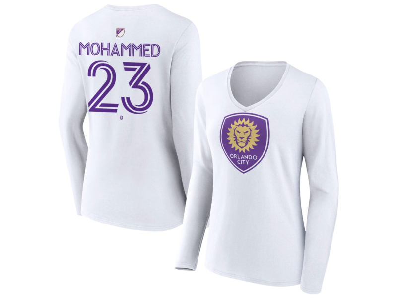 Women's Orlando City SC Authentic Stack #23 Shakur Mohammed Long Sleeve V-Neck T-Shirt - White