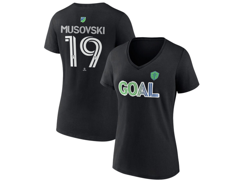 Women's Seattle Sounders FC Goal #19 Danny Musovski V-Neck T-Shirt - Black