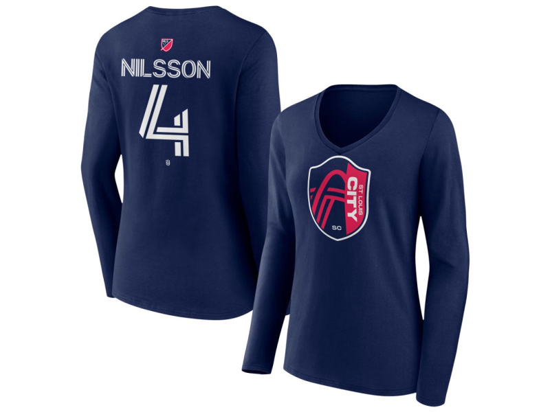 Women's St. Louis City SC #4 Joakim Nilsson Team Authentic Long Sleeve V-Neck T-Shirt - Navy