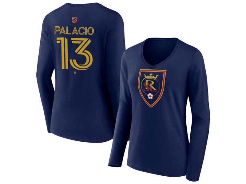Women's Real Salt Lake #13 Nelson Palacio Team Authentic Long Sleeve V-Neck T-Shirt - Navy