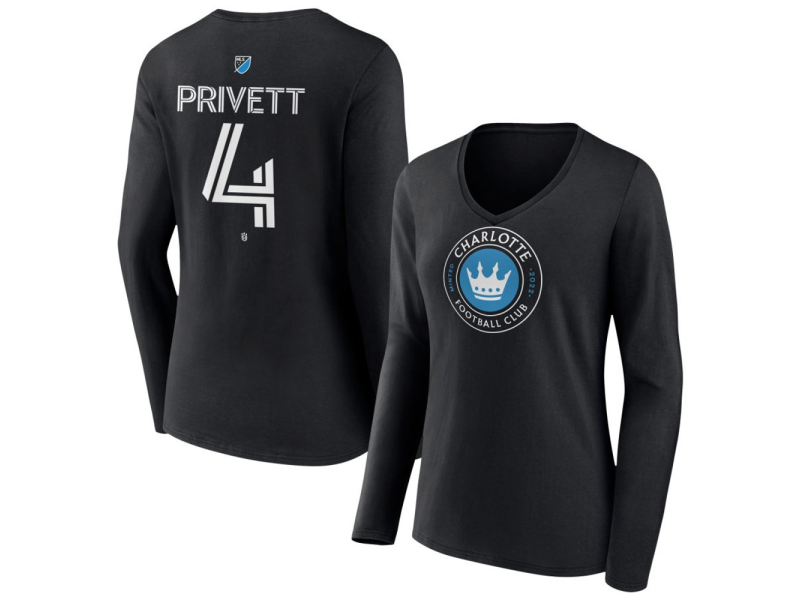 Women's Charlotte FC #4 Andrew Privett Team Authentic Long Sleeve V-Neck T-Shirt - Black