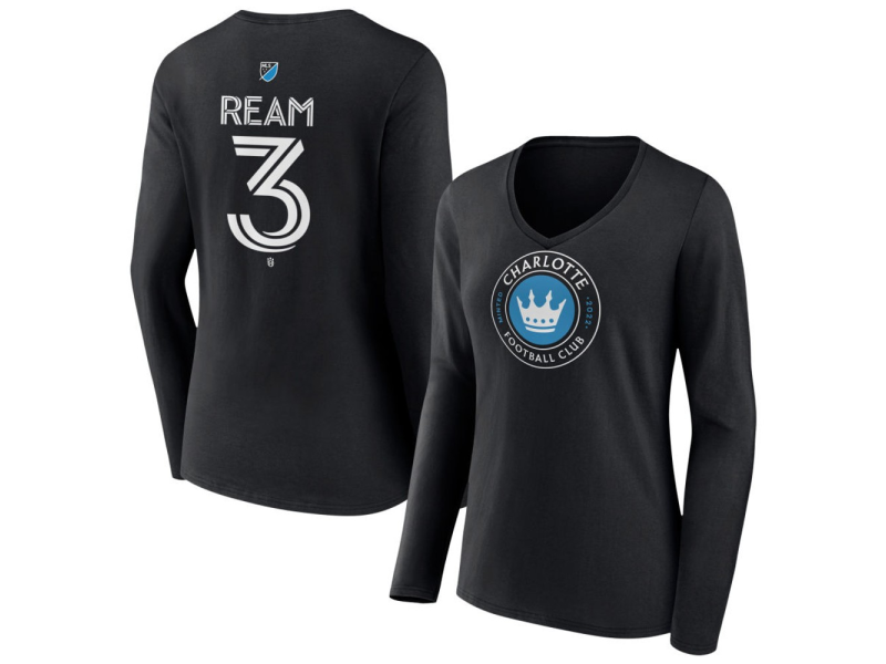 Women's Charlotte FC #3 Tim Ream Team Authentic Long Sleeve V-Neck T-Shirt - Black