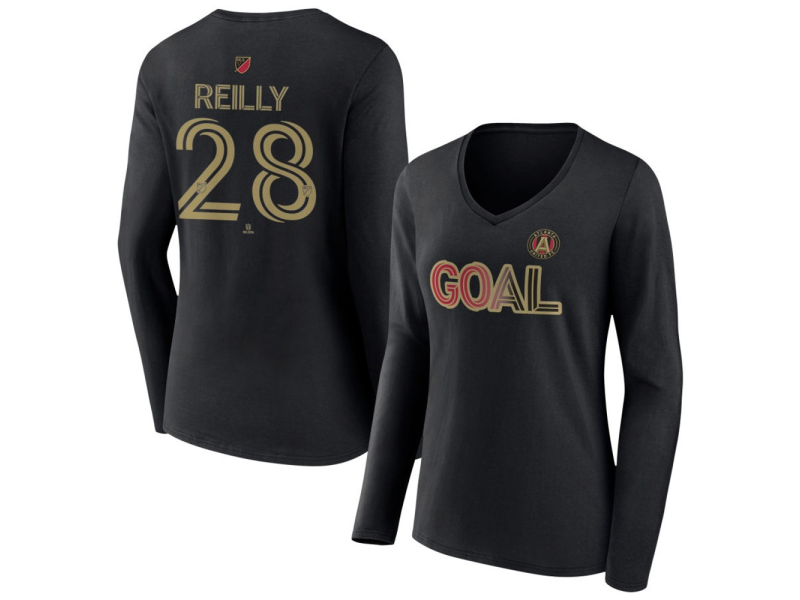 Women's Atlanta United FC Goal #28 Will Reilly V-Neck Long Sleeve T-Shirt - Black