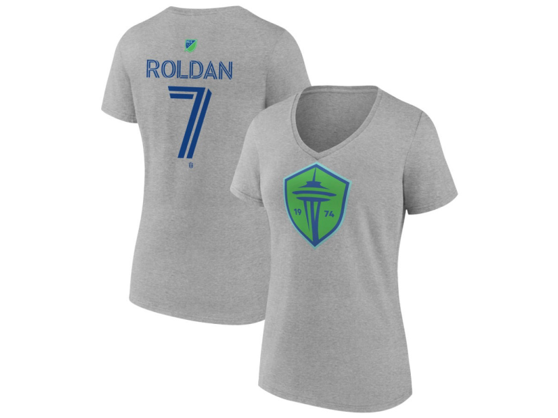 Women's Seattle Sounders FC Authentic Stack #7 Cristian Roldan V-Neck T-Shirt - Gray