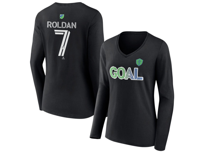 Women's Seattle Sounders FC Goal #7 Cristian Roldan V-Neck Long Sleeve T-Shirt - Black