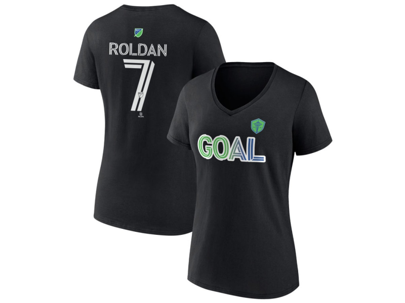 Women's Seattle Sounders FC Goal #7 Cristian Roldan V-Neck T-Shirt - Black