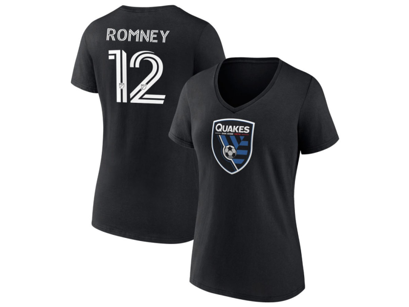 Women's San Jose Earthquakes #12 David Romney V-Neck T-Shirt - Black