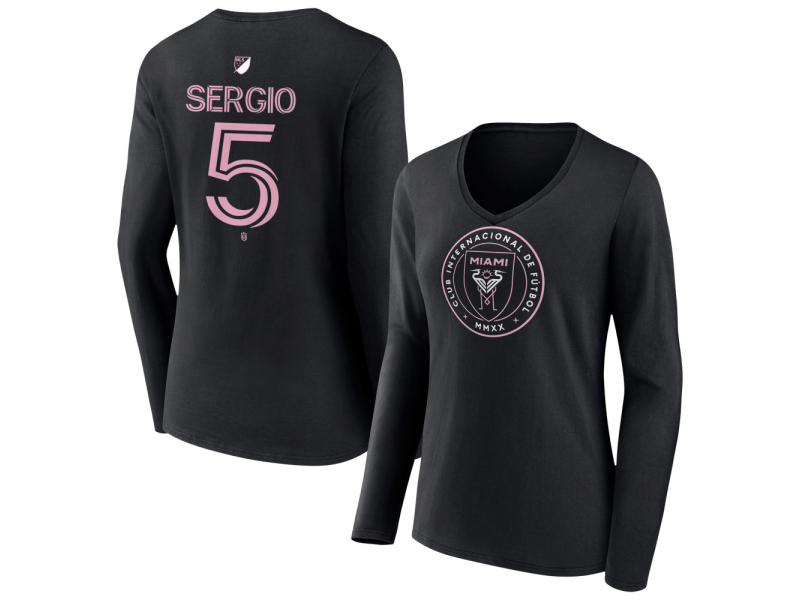 Women's Inter Miami CF Authentic Stack #5 Sergio Long Sleeve V-Neck T-Shirt - Black