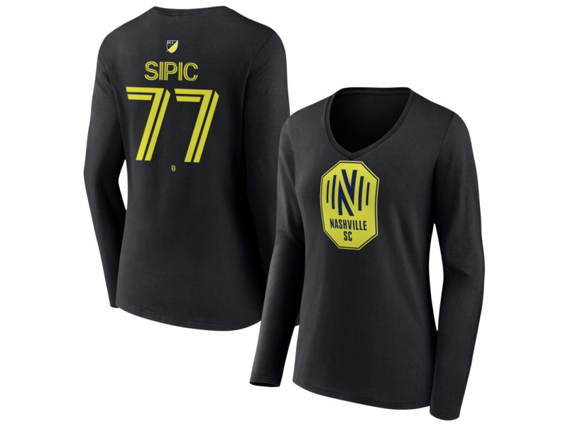 Women's Nashville SC #77 Adem Sipic Team Authentic Long Sleeve V-Neck T-Shirt - Black