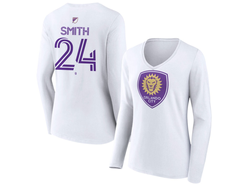 Women's Orlando City SC Authentic Stack #24 Kyle Smith Long Sleeve V-Neck T-Shirt - White