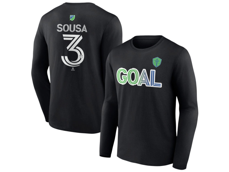 Men's Seattle Sounders FC Goal #3 Travian Sousa Long Sleeve T-Shirt - Black