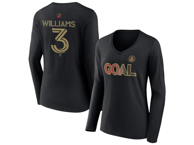 Women's Atlanta United FC Goal #3 Derrick Williams V-Neck Long Sleeve T-Shirt - Black