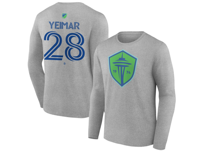 Youth Seattle Sounders FC Authentic Stack #28 Yeimar Gomez Andrade Long Sleeve T-Shirt - Gray