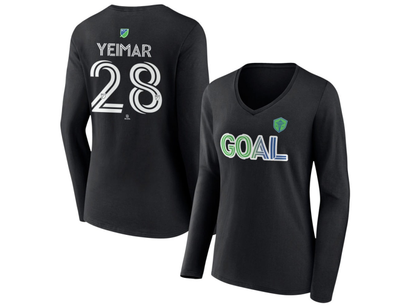 Women's Seattle Sounders FC Goal #28 Yeimar Gomez Andrade V-Neck Long Sleeve T-Shirt - Black